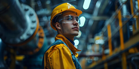 Industrial Worker Contemplates Future Amidst Factory Machinery, Wearing Protective Gear