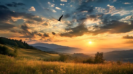 Obraz premium Sunset Landscape with Bird in Flight