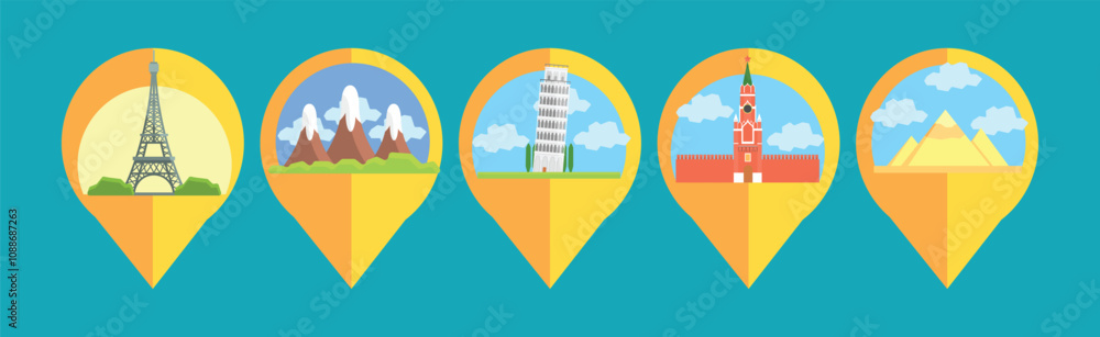 Poster flat travel and tourism object and element design vector set