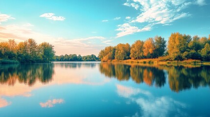 Obraz premium Serene Lakeside Reflection, a peaceful landscape showcasing a gentle blue gradient sky mirrored on the still surface of a tranquil lake, inviting calm and contemplation.