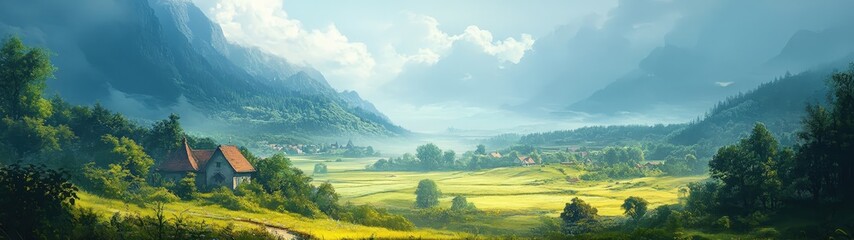 Fototapeta premium Serene landscape with mountains, lush fields, and a tranquil river under a cloudy sky. Perfect for nature enthusiasts and travelers.