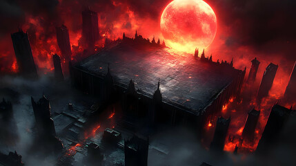 Crimson Moon: Burning Cityscape's Gothic Architecture under Infernal Glow