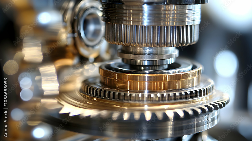 Aufkleber close-up of a shiny metal gear system with a gold-colored ring, exemplifying precision engineering a