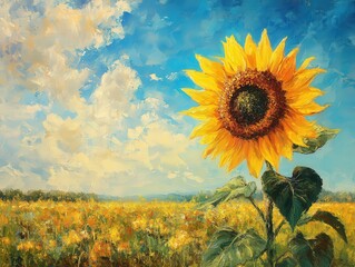 Vibrant sunflower stands tall against a blue sky and fluffy clouds, surrounded by a golden field, symbolizing summer and joy.