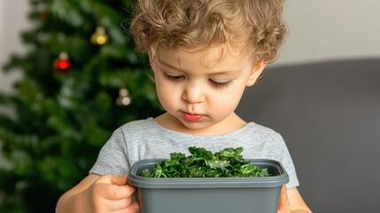 Toddler Holding Healthy Kale Christmas Food