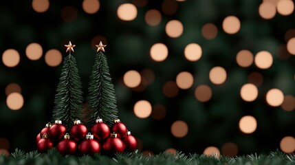 Festive Christmas Trees with Red Ornaments Lights