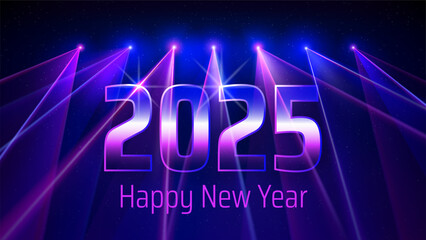 Happy New Year 2025, 25. New Year greeting card. Numbers 2025 on the background of blue magenta laser beams on the stage. Futuristic technological design. Vector illustration