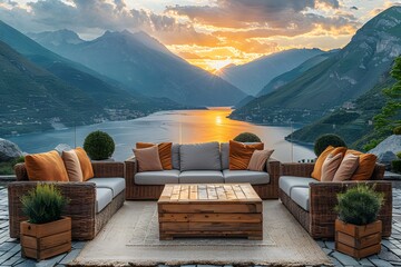 Tranquil Lakeside Terrace at Sunset with Cozy Wicker Furniture and Mountain Views