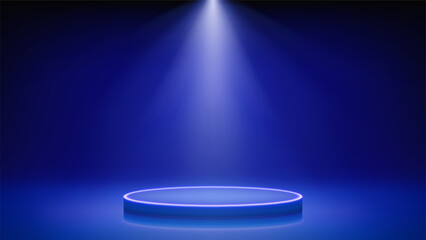 Spotlight illuminates futuristic stage with podium. Blue room, round neon led podium pedestal, spotlight. Background for displaying products, presentation. Showcase. Backdrop. Vector illustration