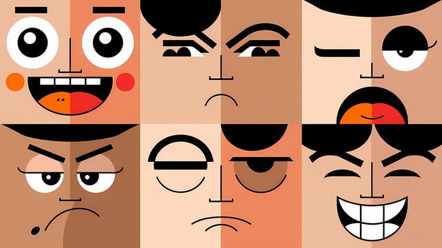 Flat 2.0 Art Illustration of Various Facial Expressions: Smiles, Frowns, and Grins on a White Background