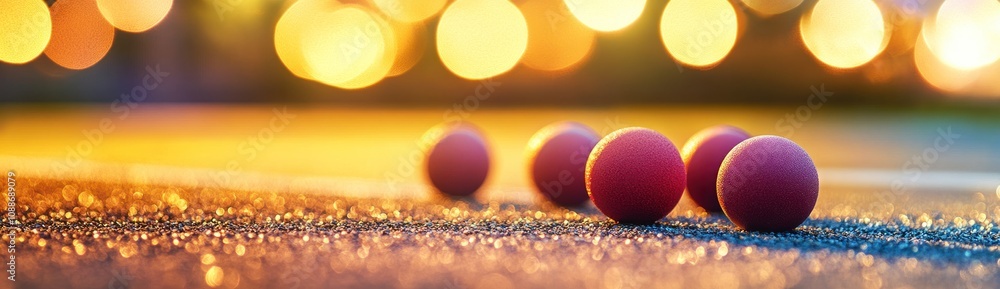 Poster a close-up view of pink ping pong balls scattered on a surface with blurred lights in the background