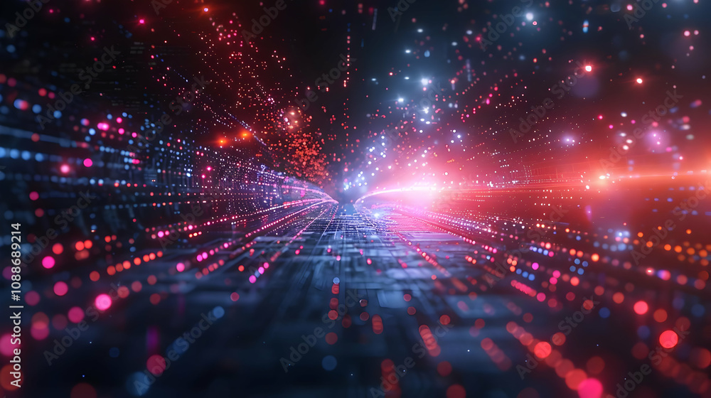 Poster abstract 3d digital data stream background: glowing particles converge in a futuristic highway of in