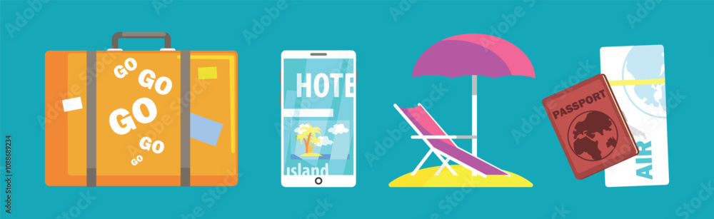 Poster flat travel and tourism object and element design vector set