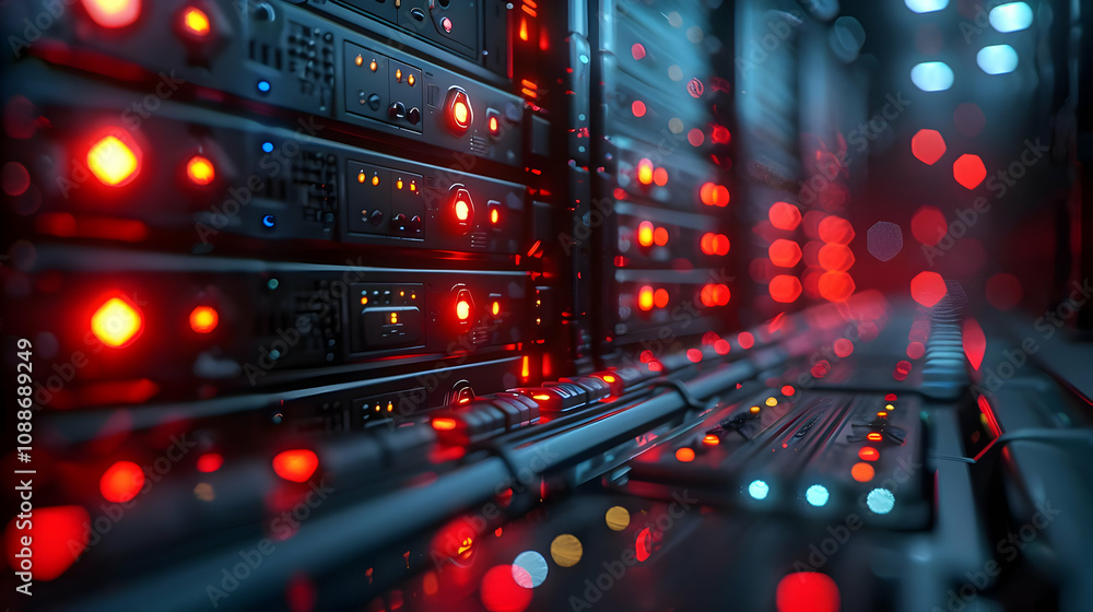 Poster 3d render of illuminated server racks in a data center at night, featuring red and blue lights, abst