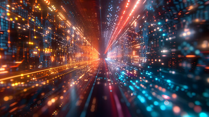 Fototapeta premium Abstract 3D Digital Tunnel of Light Speeds Through Cyberspace with Bright, Colorful Glowing Particles