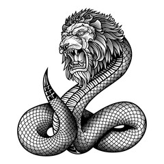 Gnostic symbol of Demiurge Yaldabaoth or Chnoubis. Vector illustration in engraving technique of lion headed serpent snake. 