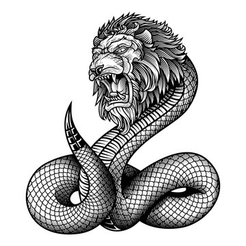 Gnostic symbol of Demiurge Yaldabaoth or Chnoubis. Vector illustration in engraving technique of lion headed serpent snake. 