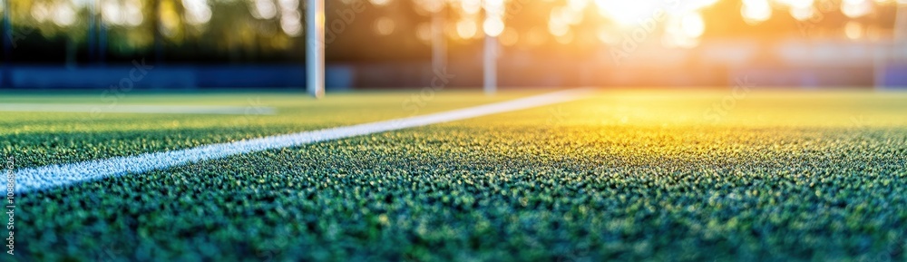 Poster a close-up view of a sports field with artificial turf and goalposts during sunset.