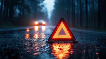Red warning emergency triangle on a wet road during rainy weather