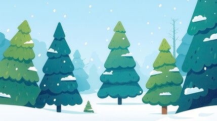 Fototapeta premium winter wallpaper forest concept. A serene winter landscape featuring snow-covered evergreen trees under a clear blue sky with gentle falling snowflakes.