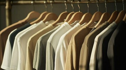 Obraz premium Row of neatly hung t-shirts in earth tones on a clothing rack
