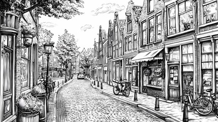 Black and white sketch of a small picturesque street with a cobbled path, bicycles, cafes and stunning historical architecture in the city of Amsterdam.