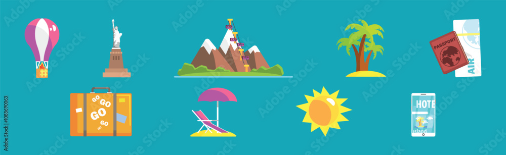 Poster flat travel and tourism object and element design vector set