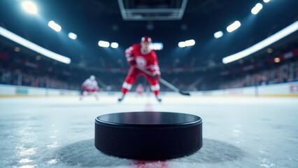 A dynamic ice hockey mockup highlighting a black puck in the foreground and a skater approaching under stadium lights.
