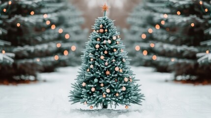 Snowy Christmas tree with ornaments and lights.