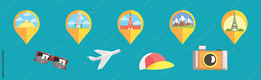 Aufkleber flat travel and tourism object and element design vector set