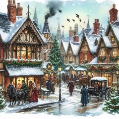 Christmas Village - Santa flying with Sleigh over Village Xmas Eve - Watercolor Winter and Christmas Setting - Greeting Card - Traditional Dickens Style Nostalgic Victorian Painted Illustration