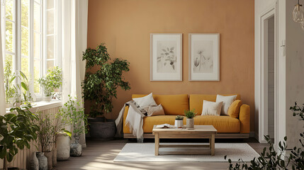 A Living Room Interior Design with a Mustard Yellow Sofa, Wooden Coffee Table, and White Curtains, Filled with Plants and Natural Light