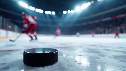 Fototapeta premium A sleek game puck on ice mockup featuring a focused puck and dynamic action in the distance.