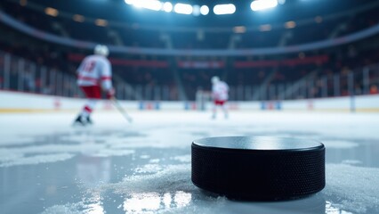 A photorealistic real puck on ice mockup showcasing sharp details and a skater in motion under bright lights.