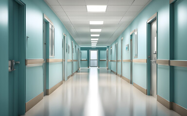 Obraz premium Bright modern hospital corridor with clean lines and a sterile environment