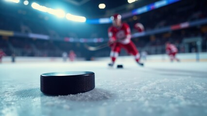Fototapeta premium A refined puck on ice wallpaper mockup showcasing a black puck in sharp focus with a skating player.