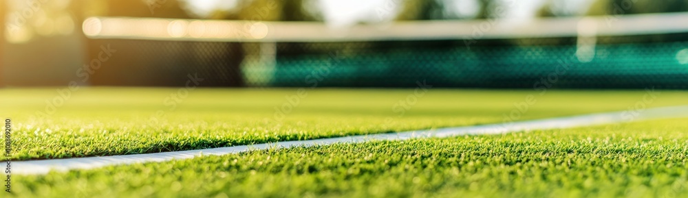 Poster close-up view of a well-maintained grass tennis court with a net in the background.
