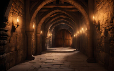 Fototapeta premium Dimly lit medieval stone castle corridor