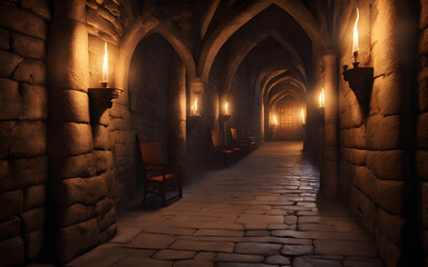 Dimly lit medieval stone castle corridor