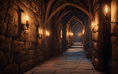 Dimly lit medieval stone castle corridor