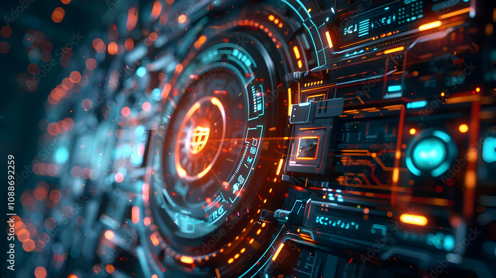 Poster abstract 3d futuristic technology interface displays data with glowing orange and cyan lights