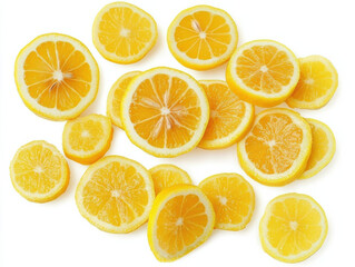 Fresh lemon slices arranged beautifully, showcasing their vibrant yellow color and juicy texture. Perfect for culinary uses or as decorative element