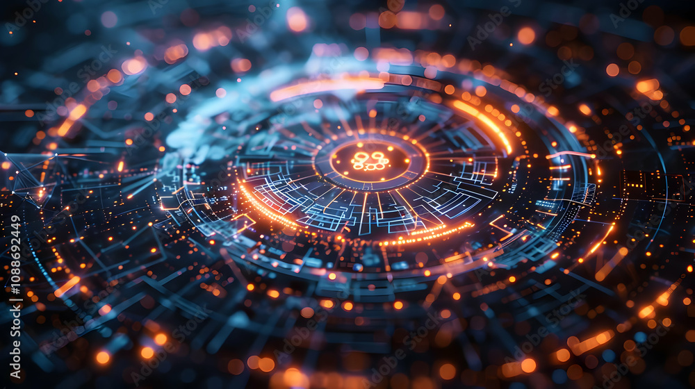 Poster abstract 3d digital background: glowing circuitry and network connections radiate outward, creating 
