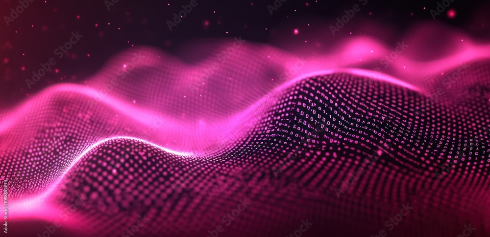 Poster Abstract representation of waves with a pink and purple color scheme, suggesting digital landscapes.