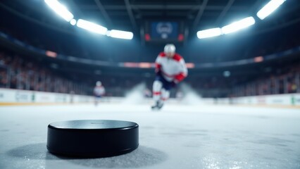 Fototapeta premium A sleek hockey mockup featuring a close-up black puck in focus, with a player skating in the background and ice spray under bright lights.
