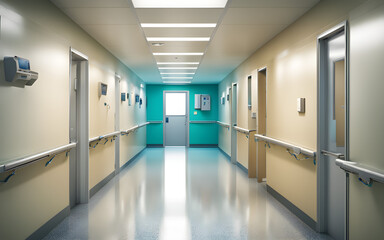 Obraz premium Hospital hallway with sterilized white walls, fluorescent lighting, clean tiled floor, and medical equipment on standby, conveying professionalism