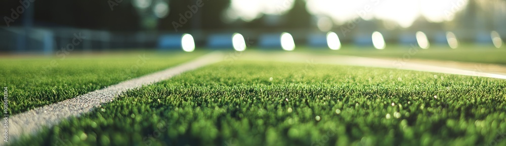 Poster a close-up view of artificial turf with white lines, suggesting a sports field setting.
