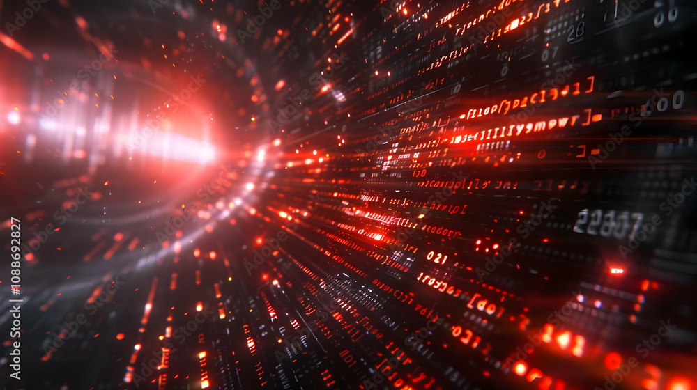 Poster abstract 3d digital data stream: red glowing code tunnel background illustration
