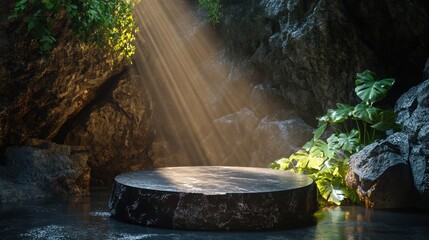 Serene Natural Cave with Dramatic Sunlight Beams Illuminating a Circular Stone Platform Surrounded by Lush Green Plants and Reflective Water Surface