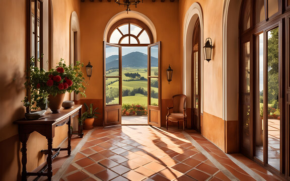 Italian villa hallway with terracotta tile flooring